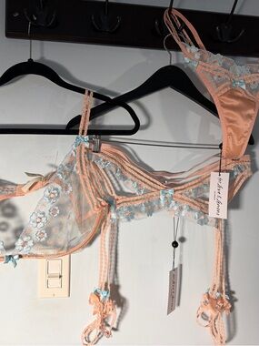 For Love and Lemons Delicate Peach & Blue Floral Lace Lingerie Set